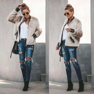 Vici Faux Fur Bomber Jacket in Cream and Black